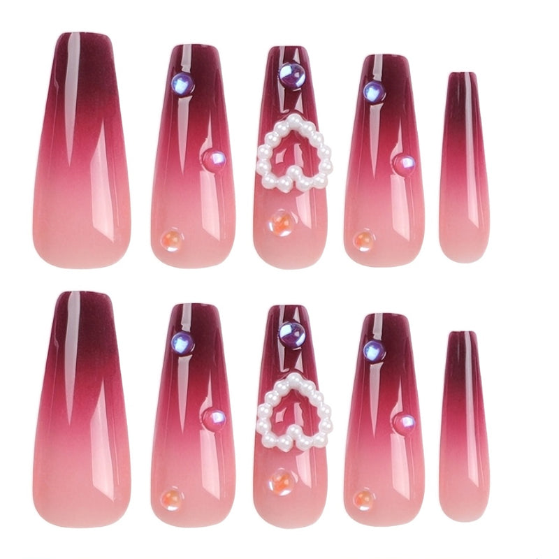 24 PCS Red Heart Nail Art, Long Length Long Water Pipe Fake Nails,Square Head Nail Tips False Nail